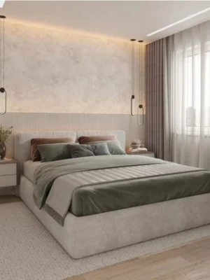 Chambre à coucher complète de style moderne, avec un lit design au cadre en tissu beige et une tête de lit intégrée, disponible chez Ameublement Hicham à Marrakech.