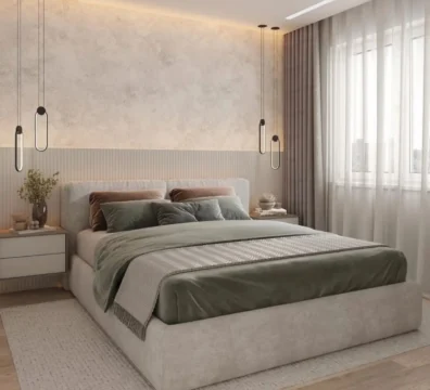 Chambre à coucher complète de style moderne, avec un lit design au cadre en tissu beige et une tête de lit intégrée, disponible chez Ameublement Hicham à Marrakech.