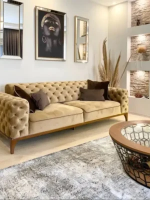 Canapé Chesterfield "Contemporain" - Velours Beige Capitonnage Intégral