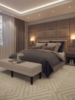Chambre à coucher de luxe avec une tête de lit murale composée de grands panneaux carrés capitonnés en tissu taupe, pour une ambiance élégante et moderne. Ameublement Hicham.