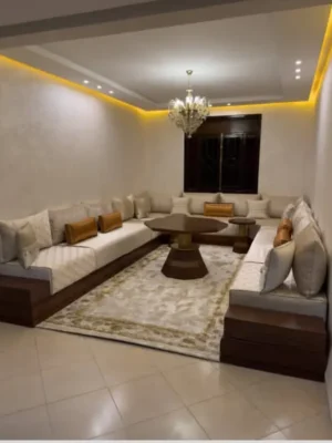 Salon Marocain Moderne "Terre" - Tissu Beige & Structure Bois Foncé